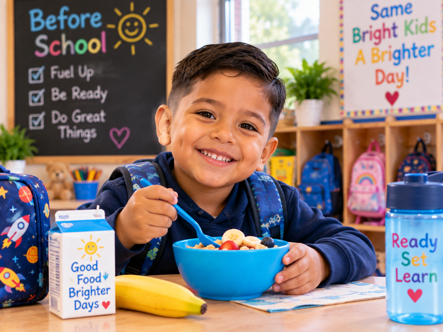 School-age boy smiling while eating breakfast before school