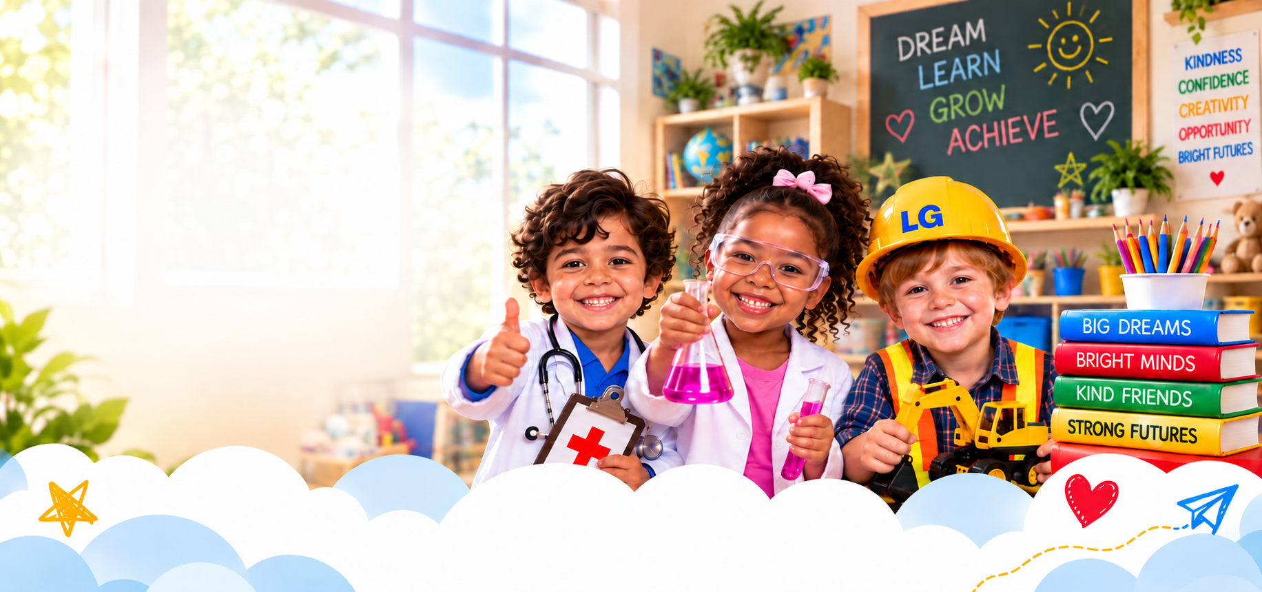 Three smiling Little Giant daycare children dressed as a doctor, scientist, and builder in a bright classroom